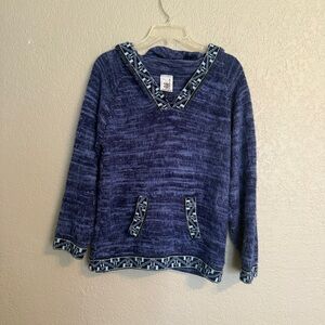 100% Alpaca Wool Hand Knit Bolivian Hoodie Pullover Sweater Blue Geometric Trim